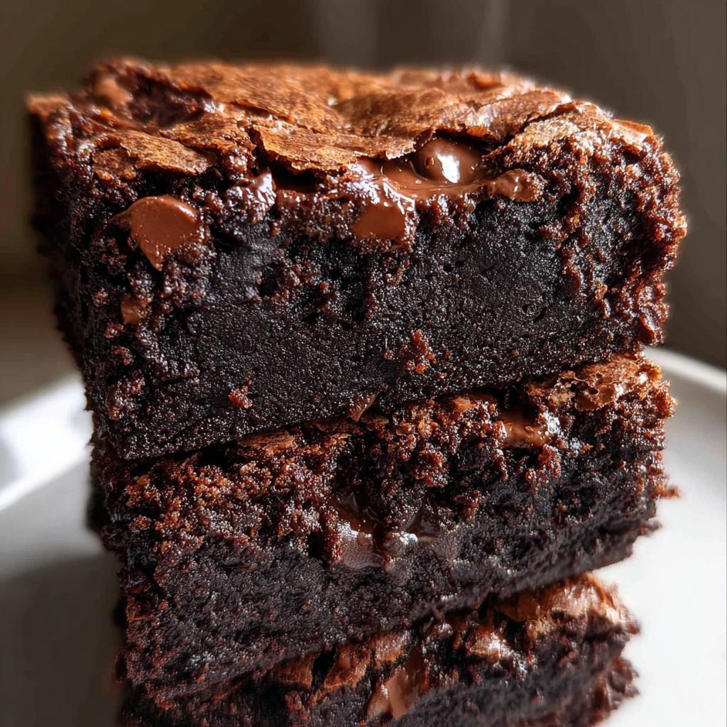 Close-up of three stacked Ultimate Fudgy Dark Chocolate Brownies showing a rich, dense interior and shiny, crackly tops.