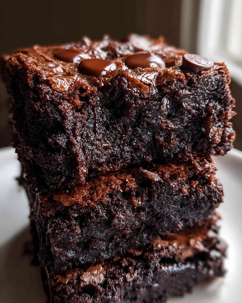 Close-up of a stack of Ultimate Fudgy Dark Chocolate Brownies topped with melted chocolate chips.