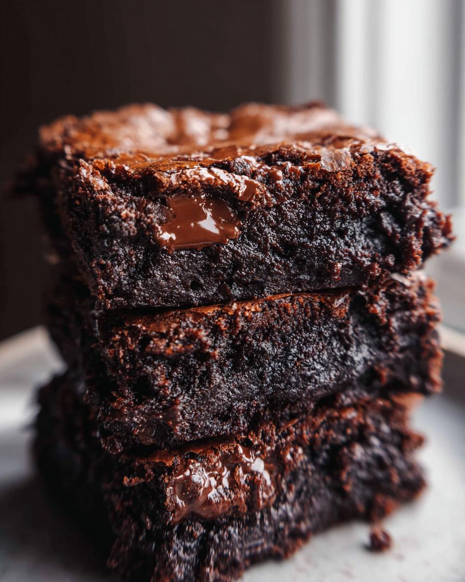 Close-up of three stacked Ultimate Fudgy Dark Chocolate Brownies showing rich texture and melted chocolate chips.