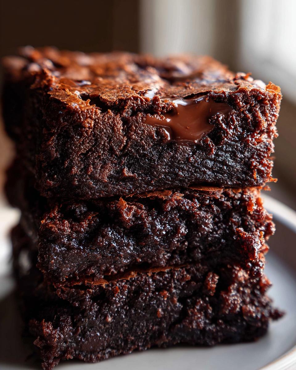 A close-up stack of three Ultimate Fudgy Dark Chocolate Brownies showing a gooey, melted chocolate center.