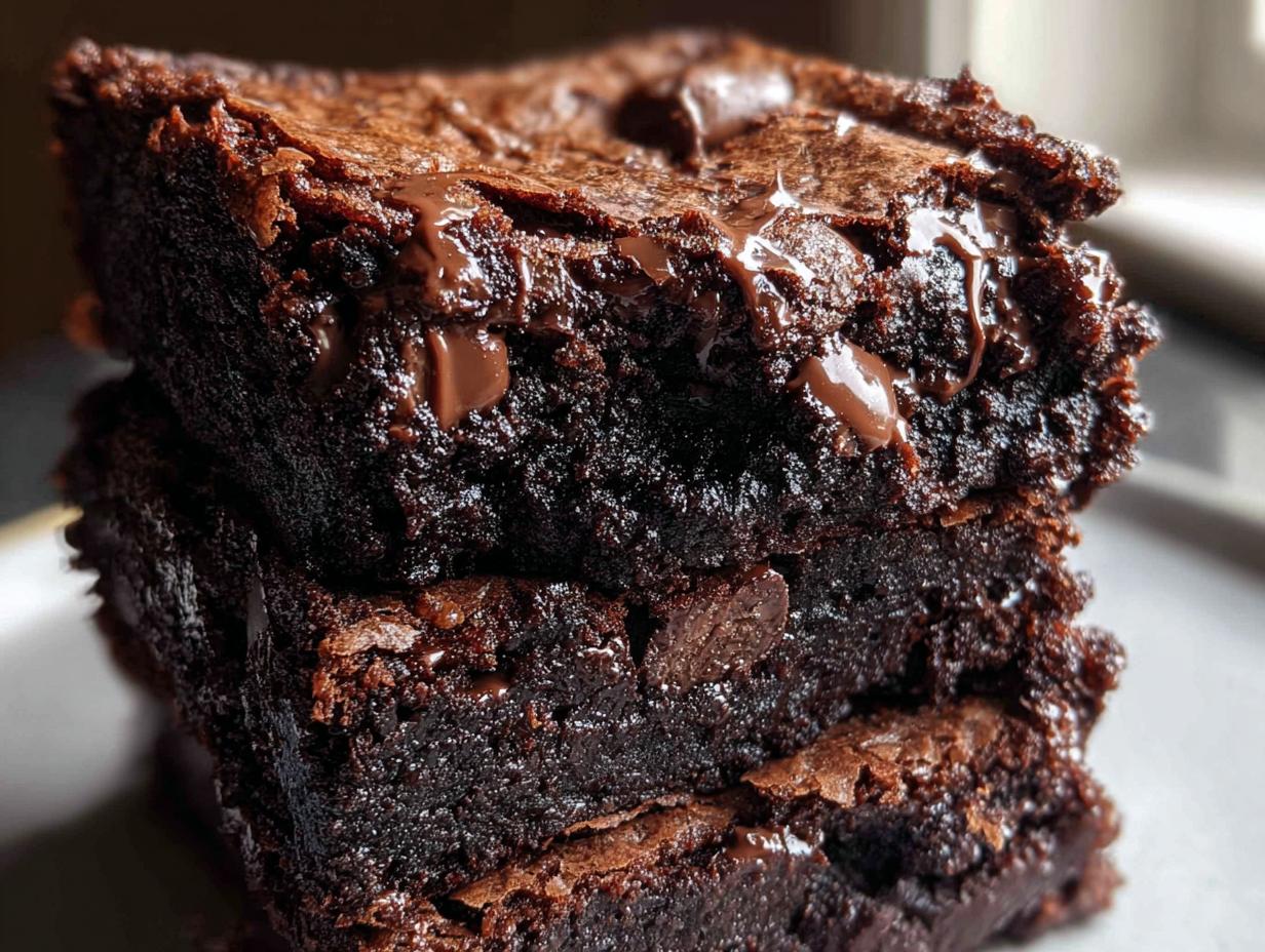 Close-up of three stacked Ultimate Fudgy Dark Chocolate Brownies with melted chocolate chips on top.