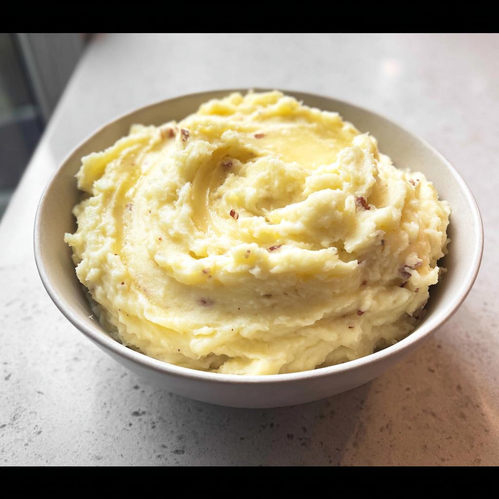 A close-up of a bowl filled with Ultra Creamy Garlic Mashed Potatoes topped with melted butter.