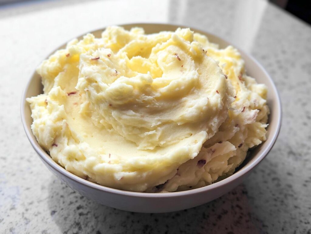 A close-up of a bowl filled with Ultra Creamy Garlic Mashed Potatoes, showing a fluffy texture with flecks of red potato skin.