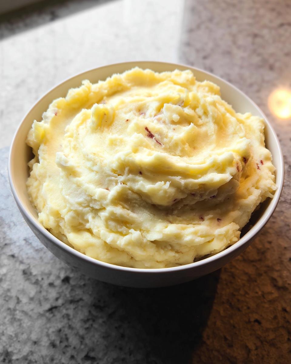 A close-up view of a white bowl filled with fluffy Ultra Creamy Garlic Mashed Potatoes, showing some red skin flecks.
