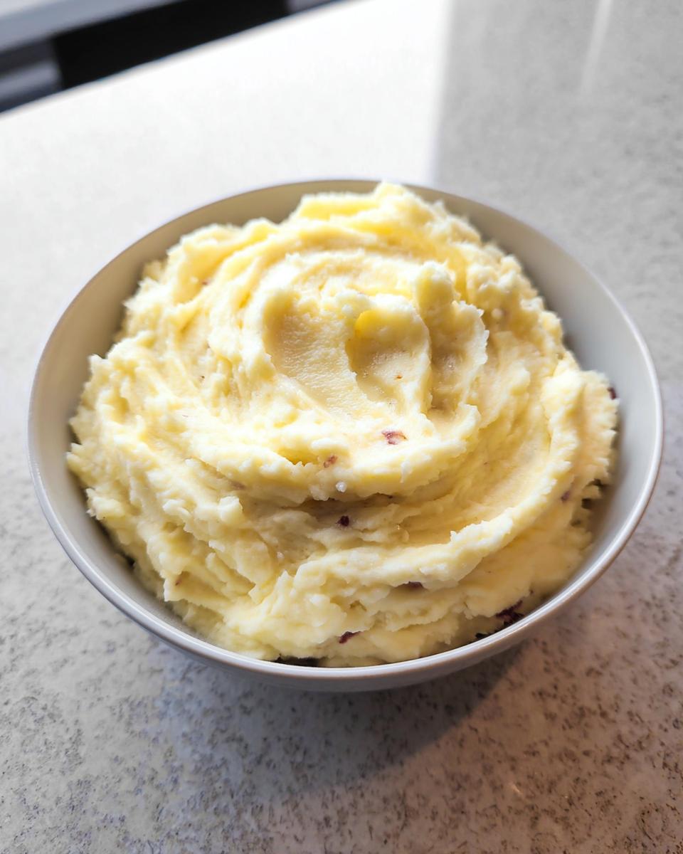 A close-up of a bowl filled with Ultra Creamy Garlic Mashed Potatoes, showing a rich, fluffy texture.