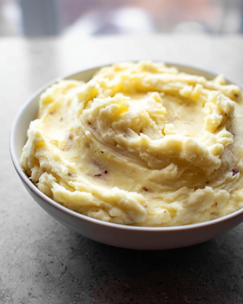 A close-up of a white bowl filled with Ultra Creamy Garlic Mashed Potatoes, showing a rich, yellow texture with flecks of potato skin.