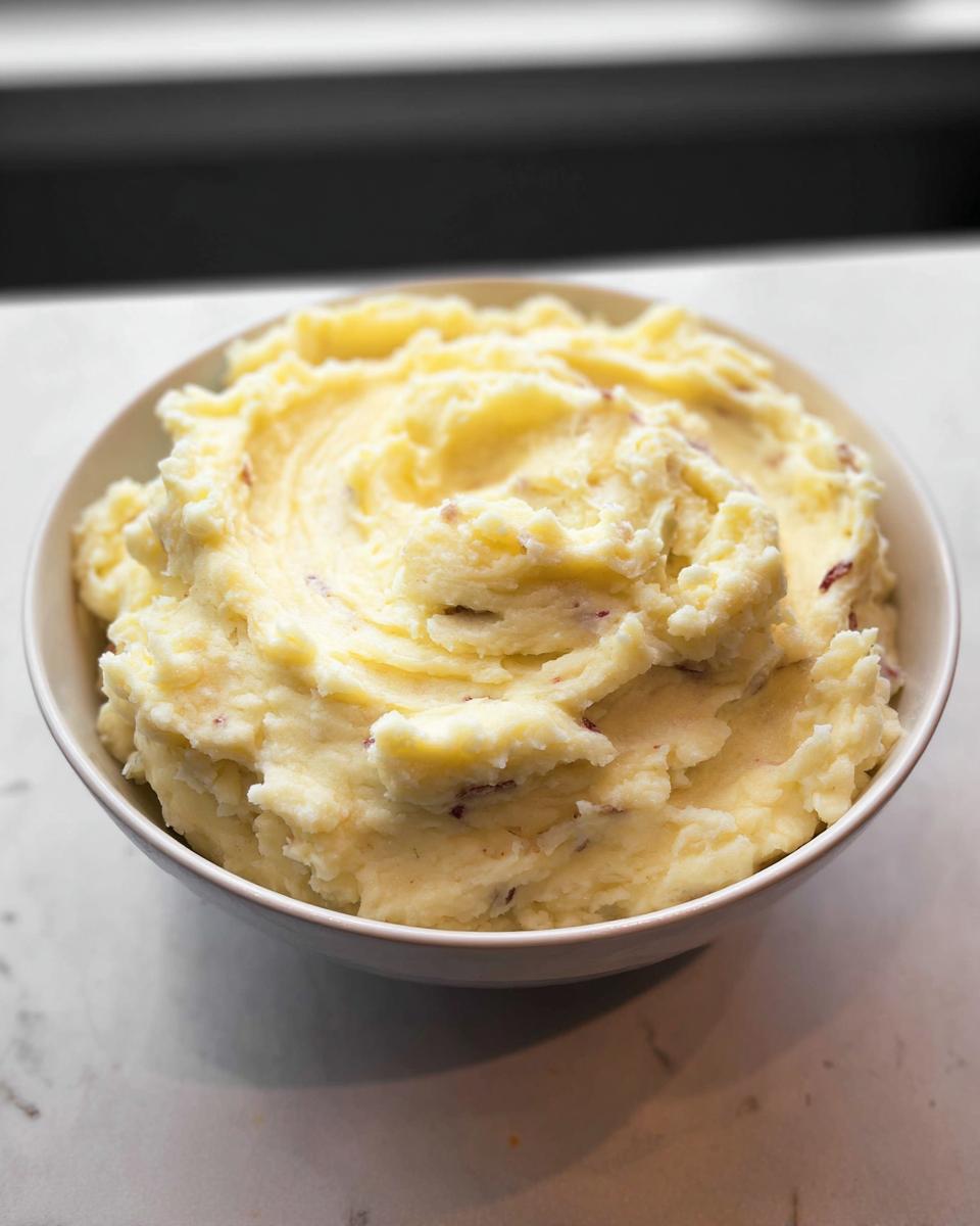 A white bowl filled with Ultra Creamy Garlic Mashed Potatoes, showing a rich, swirled texture.