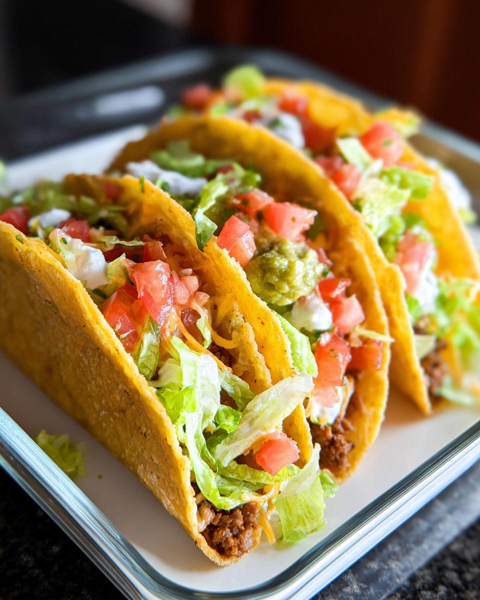 Three crunchy, hard-shell tacos filled with ground meat, lettuce, tomatoes, cheese, and sour cream, ready for a meal.