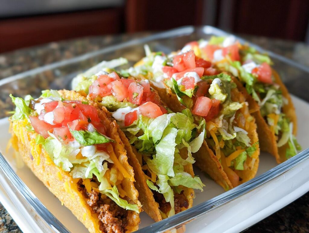 A row of four crispy, loaded tacos featuring ground beef, lettuce, cheese, sour cream, and diced tomatoes, perfect for Unique Easy Taco Recipes.