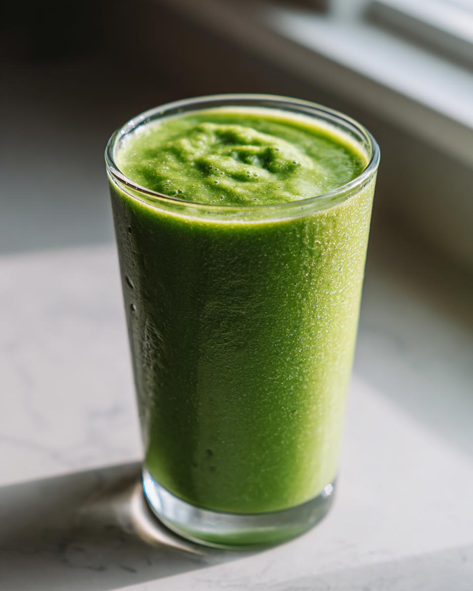 Close-up of a thick, vibrant green healthy smoothie in a clear glass, condensation visible on the outside.