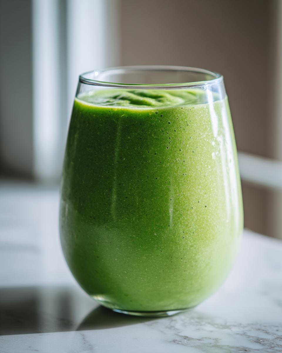 Close-up of a thick, vibrant green healthy smoothie in a clear glass on a marble surface.
