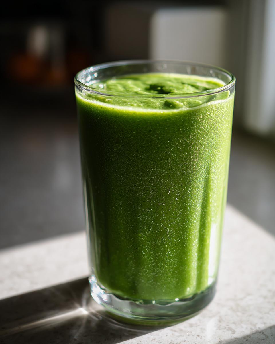 A tall glass filled with a thick, vibrant green healthy smoothie sitting on a countertop in natural light.