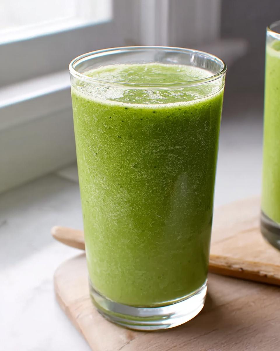 Close-up of a tall glass filled with a vibrant green smoothie, perfect for easy smoothie recipes.