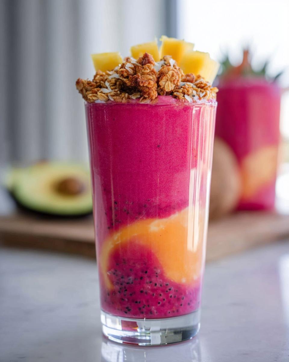 Close-up of a vibrant, layered breakfast smoothie with pink, orange, and purple layers, topped with granola and pineapple.