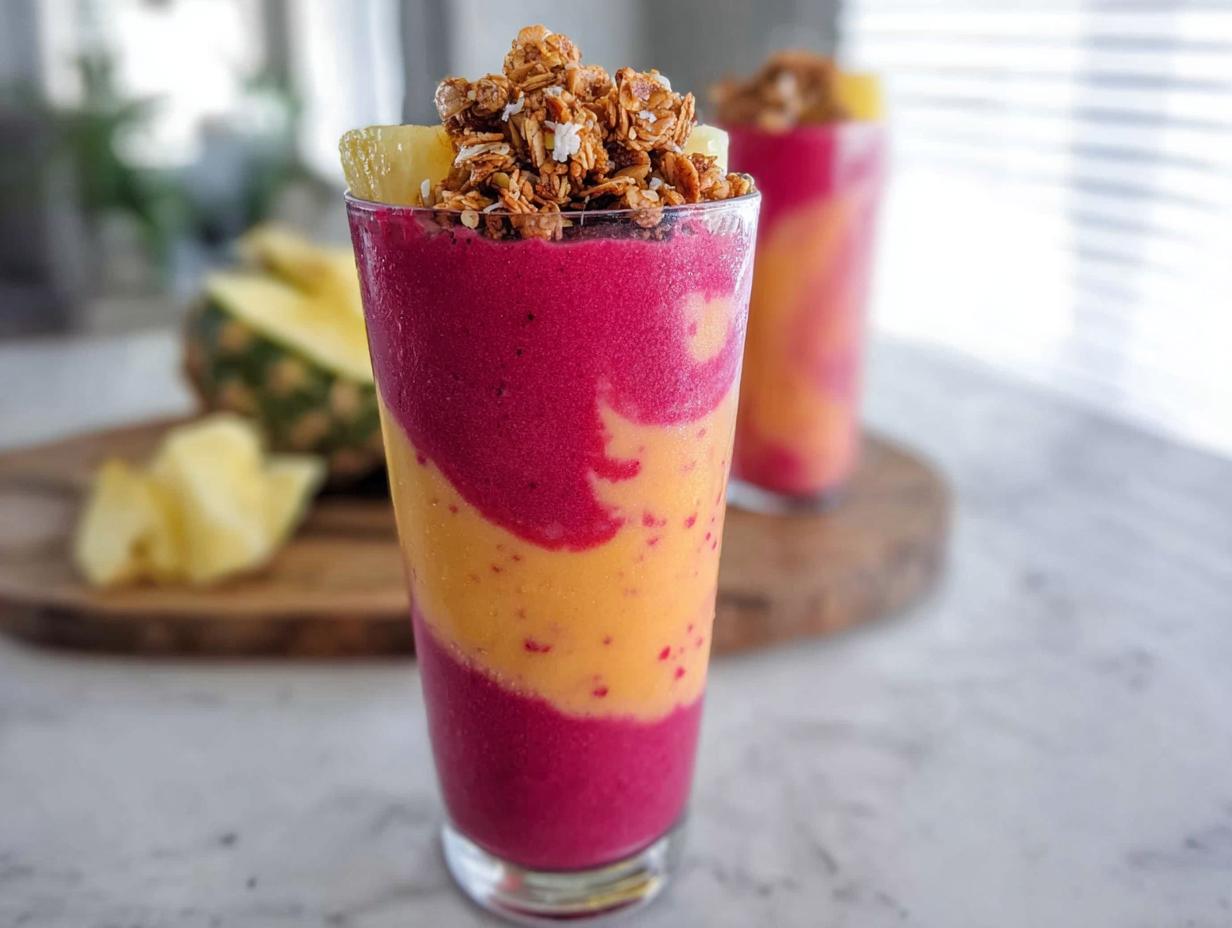 Close-up of a vibrant, layered breakfast smoothie recipe with pink and orange sections, topped with granola and pineapple.