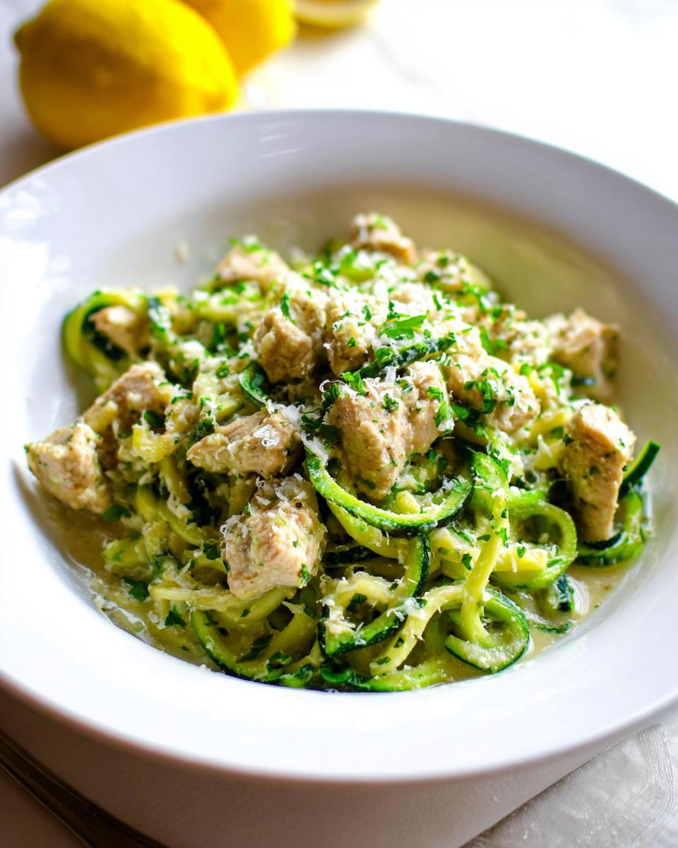 A white bowl filled with Zucchini Noodle Chicken Alfredo Lightened Up, topped with chicken pieces and parsley.