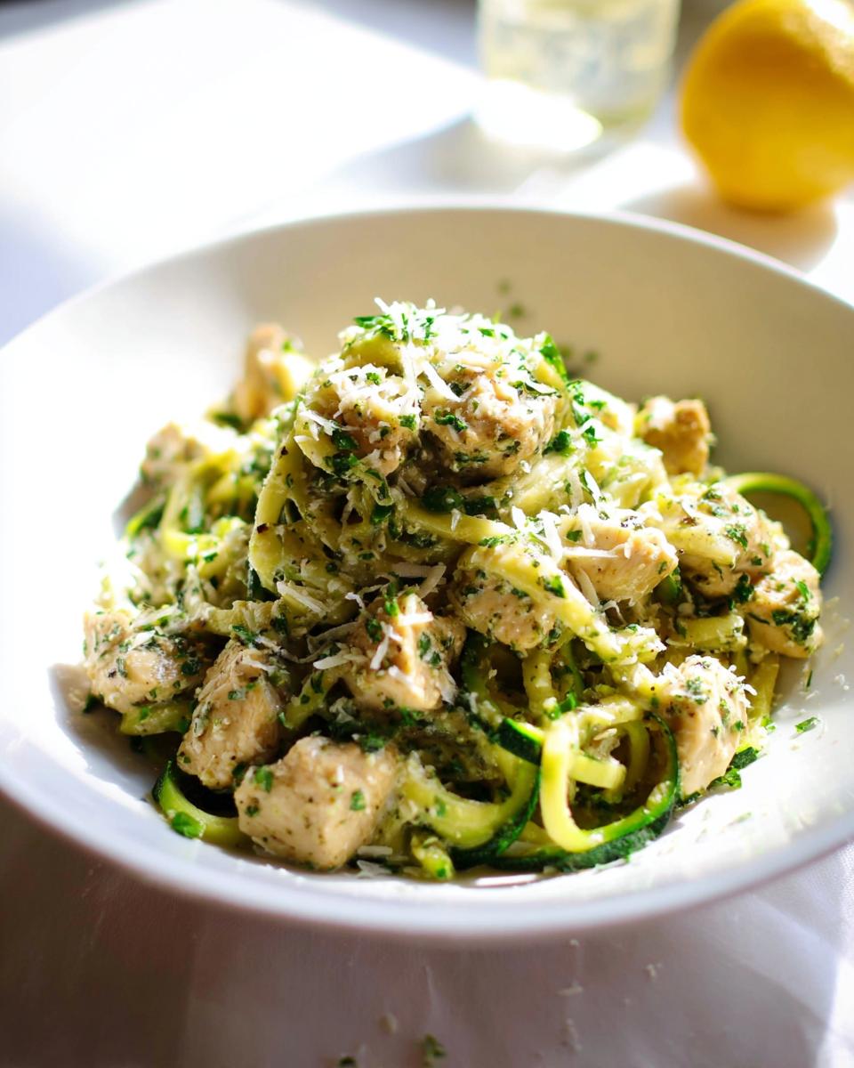 A bowl of Zucchini Noodle Chicken Alfredo Lightened Up, topped with parmesan and parsley.