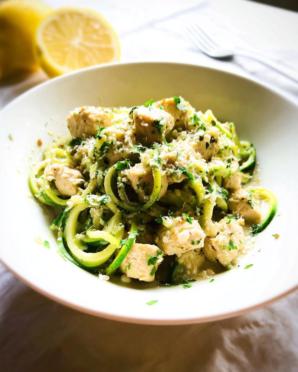 A bowl filled with Zucchini Noodle Chicken Alfredo Lightened Up, topped with chicken pieces and parsley.