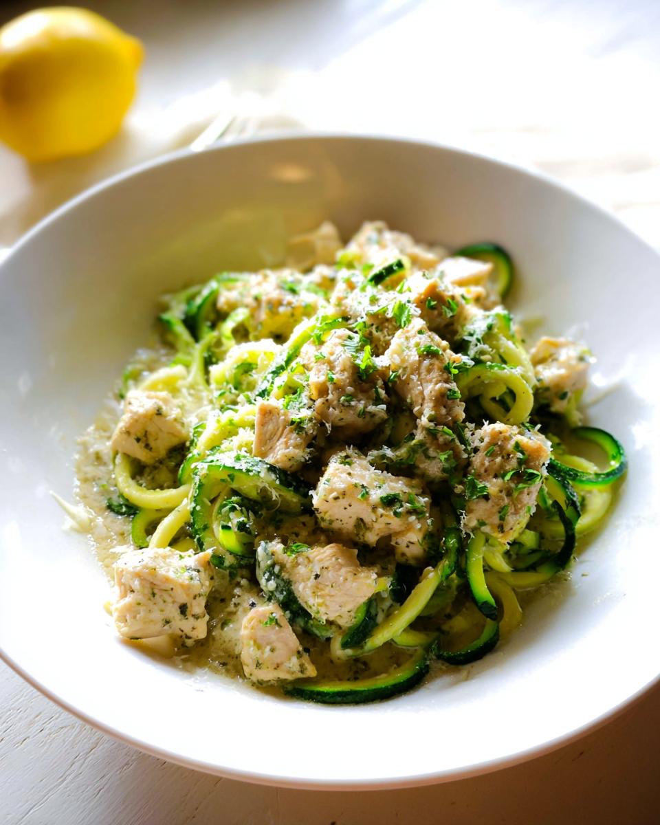 A white bowl filled with Zucchini Noodle Chicken Alfredo Lightened Up, topped with Parmesan and herbs, with a lemon in the background.