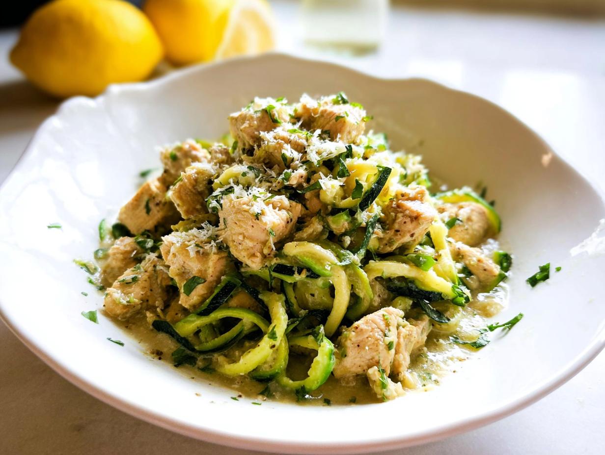 A serving of Zucchini Noodle Chicken Alfredo Lightened Up with chunks of chicken and grated parmesan.