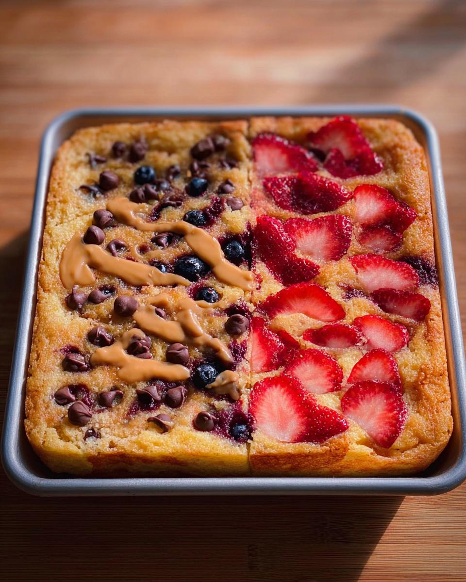Sheet pan baked breakfast divided into two halves: one with strawberries, the other with chocolate chips, blueberries, and peanut butter drizzle. Great for 10-Ingredient Breakfast Ideas Recipes.