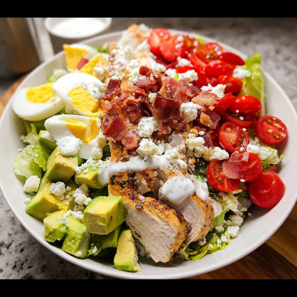 Close-up of a loaded Cobb salad featuring sliced grilled chicken, avocado, bacon, eggs, tomatoes, and blue cheese.