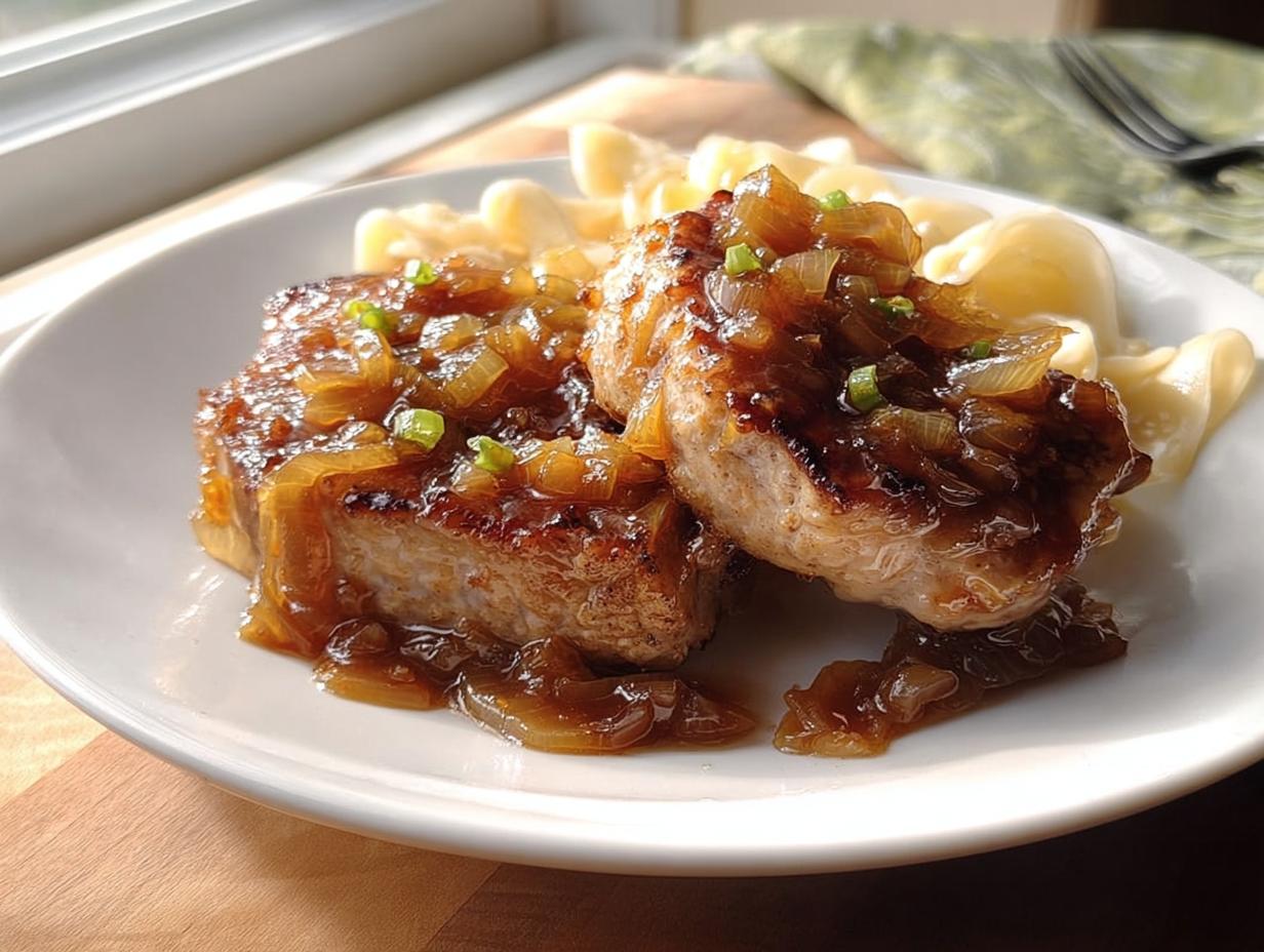 Two seared pork chops topped with rich, caramelized onions, served alongside pasta.