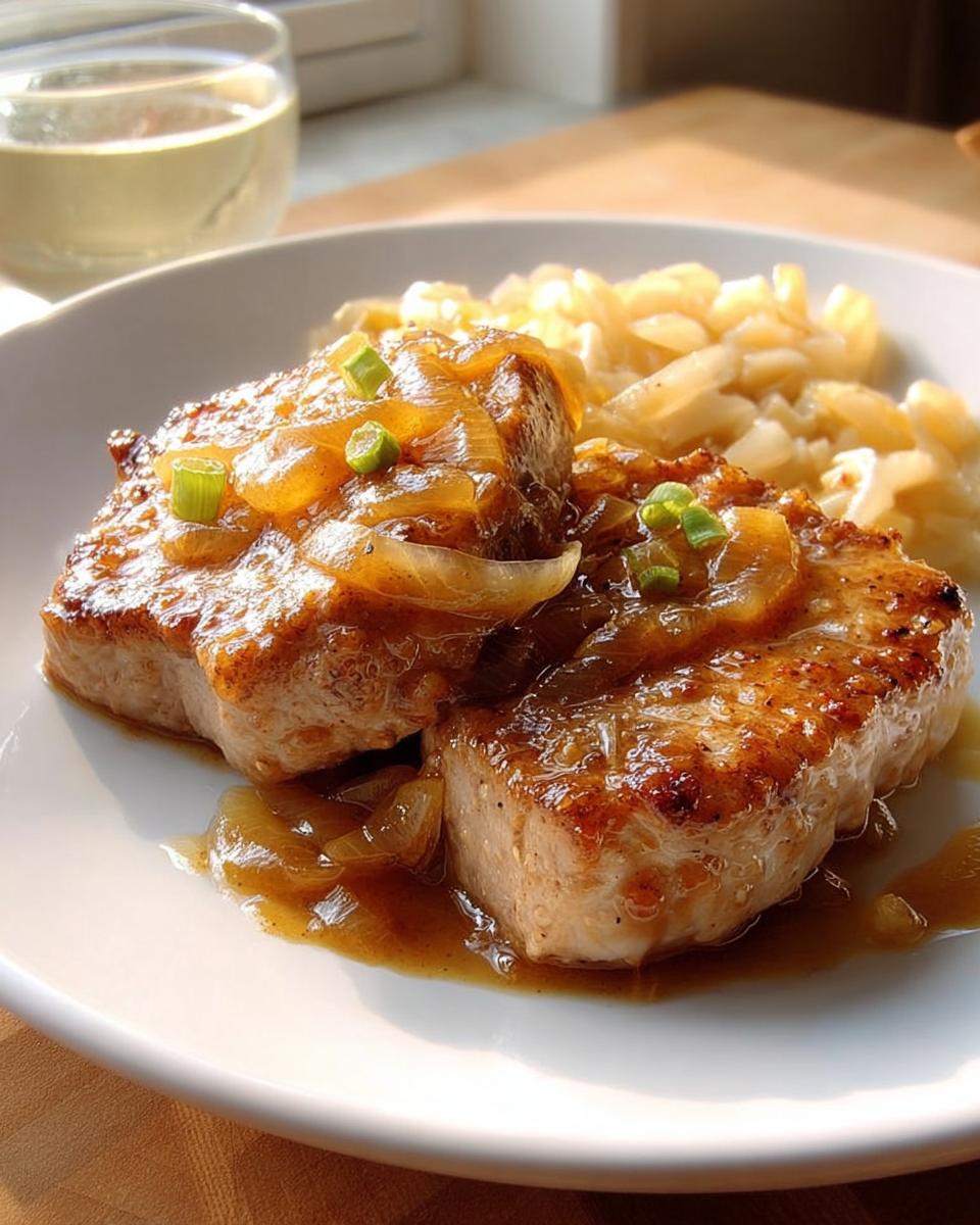 Two seared pork chops topped with caramelized onions and green onions, served with pasta, part of 10-Ingredient Pork Chops Recipes.
