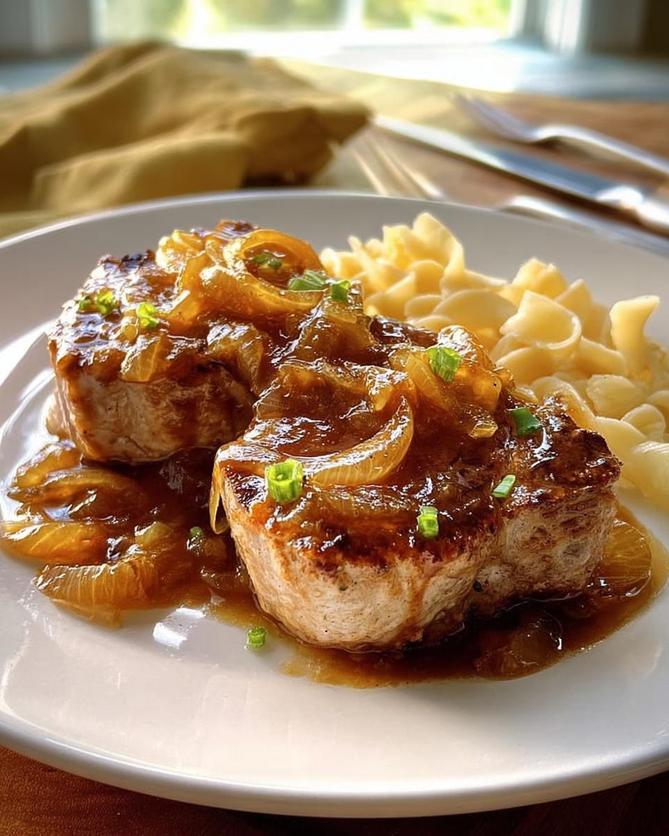 Two thick, seared pork chops smothered in rich onion gravy, served with egg noodles, part of our 10-Ingredient Pork Chops Recipes.