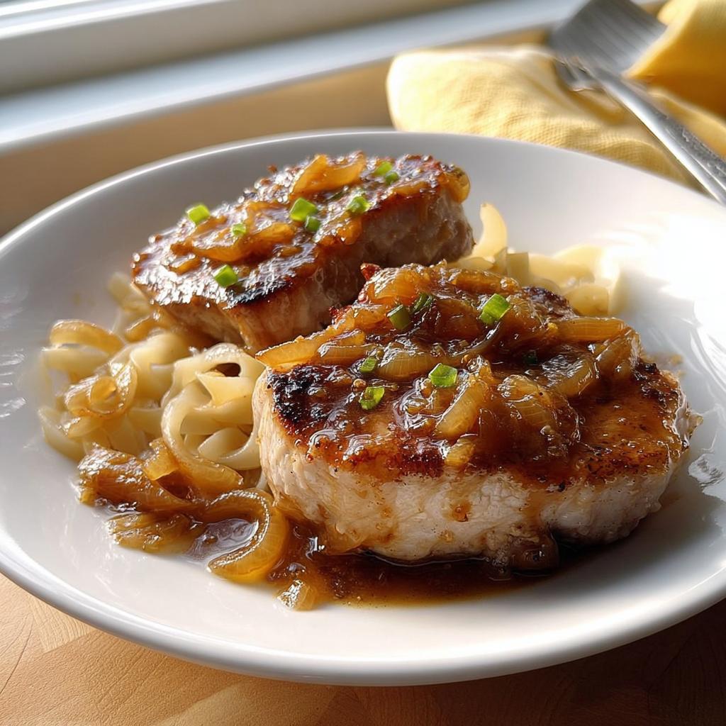Two seared pork chops topped with caramelized onions and sauce, served over noodles.