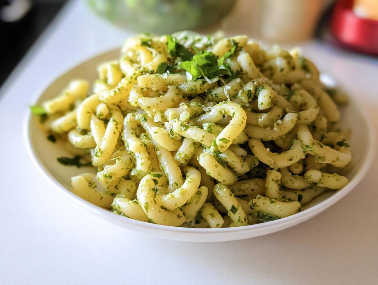 Close-up of a white plate filled with short, curved pasta tossed in bright green pesto sauce, perfect for quick Pasta Recipes in 10 Minutes.