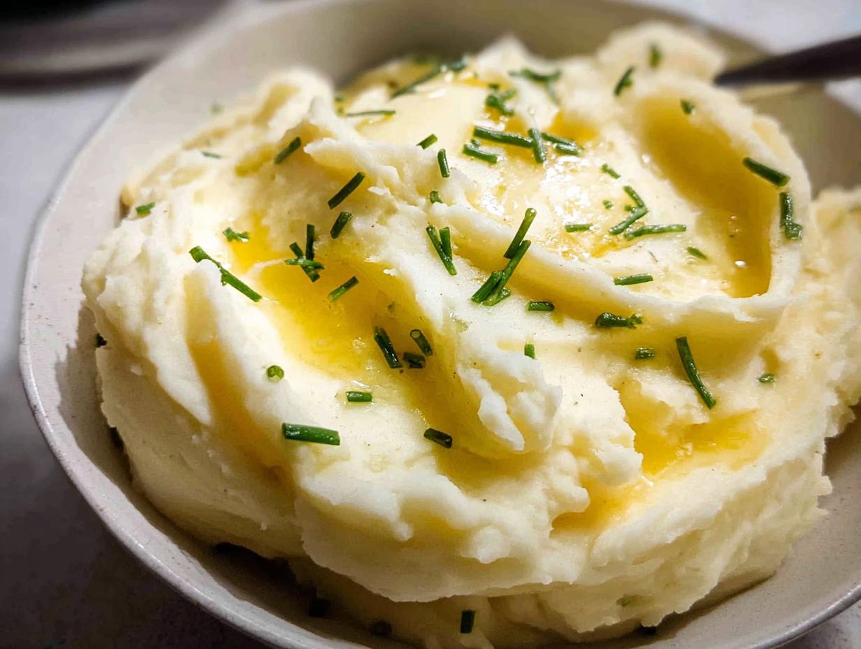 Close-up of creamy mashed potatoes topped with melted butter and fresh chopped chives.