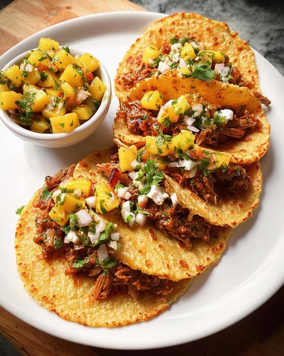 Three delicious tacos filled with shredded meat and topped with fresh mango salsa, part of 12-Ingredient Taco Tuesday Recipes.