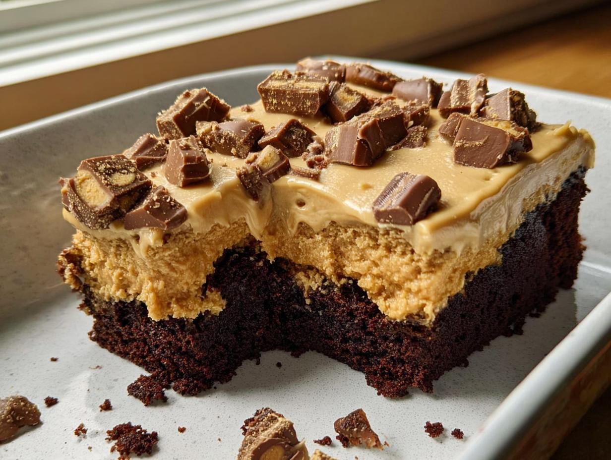 A rich slice of chocolate cake topped with thick peanut butter frosting and chopped peanut butter cups, perfect for quick cake ideas recipes in 12 minutes.