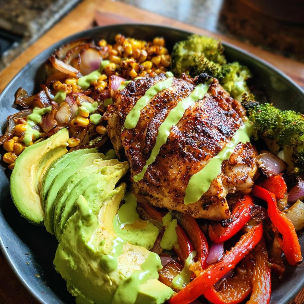 A seared chicken breast topped with green sauce, served in a bowl with avocado, corn, peppers, and broccoli, perfect for quick chicken recipes.