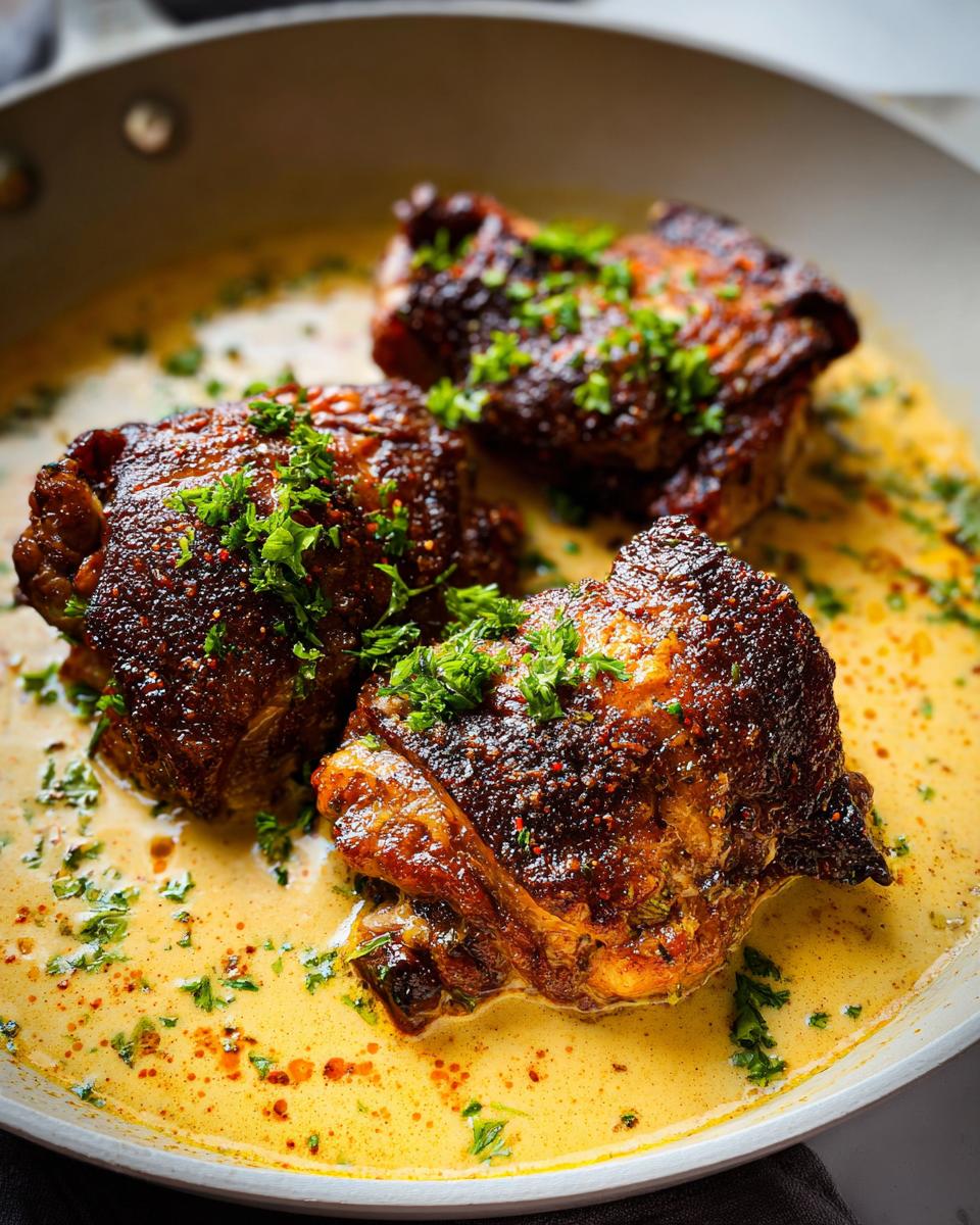Three perfectly seared, dark-crusted chicken thighs resting in a rich, creamy yellow sauce, garnished with fresh parsley.