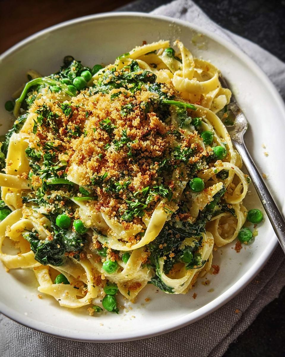 Close-up of fettuccine pasta with spinach, peas, and a crispy breadcrumb topping, a perfect example of Healthy Meals Recipes in 20 Minutes.