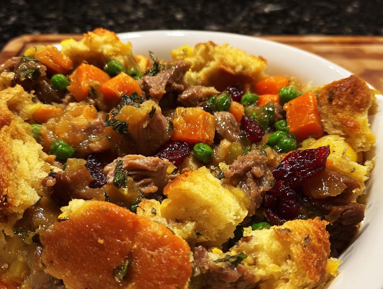 Close-up of a hearty, savory stuffing recipe featuring chunks of bread, meat, carrots, peas, and dried cranberries.