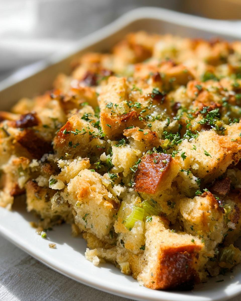 Close-up of golden brown bread cubes in a baked 7-Ingredient Stuffing Recipes (No Fuss), topped with fresh parsley.