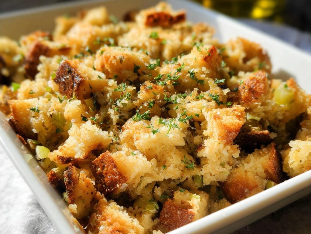 Golden brown bread cubes in a white baking dish, part of the 7-Ingredient Stuffing Recipes (No Fuss), garnished with parsley.