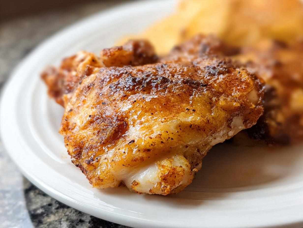 Close-up of a perfectly seasoned and crispy piece of air fryer chicken, ready in 25 minutes.
