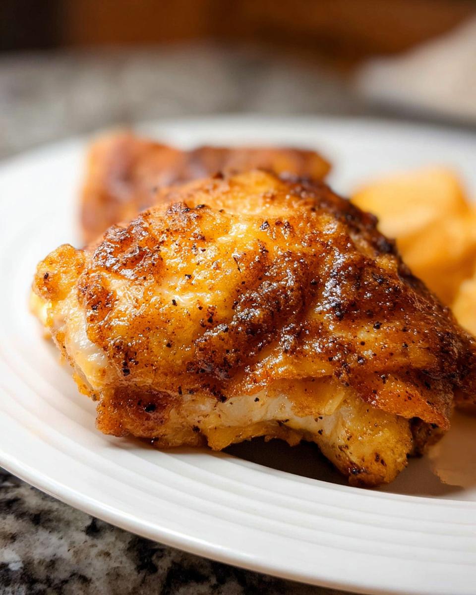 Close-up of crispy, seasoned chicken thigh cooked in an air fryer, part of Air Fryer Chicken Recipes in 25 Minutes.