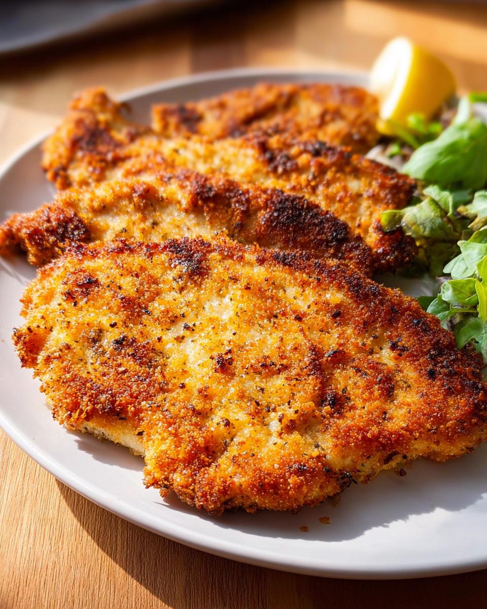 Three golden brown, crispy breaded air fryer chicken cutlets served with greens and a lemon wedge.