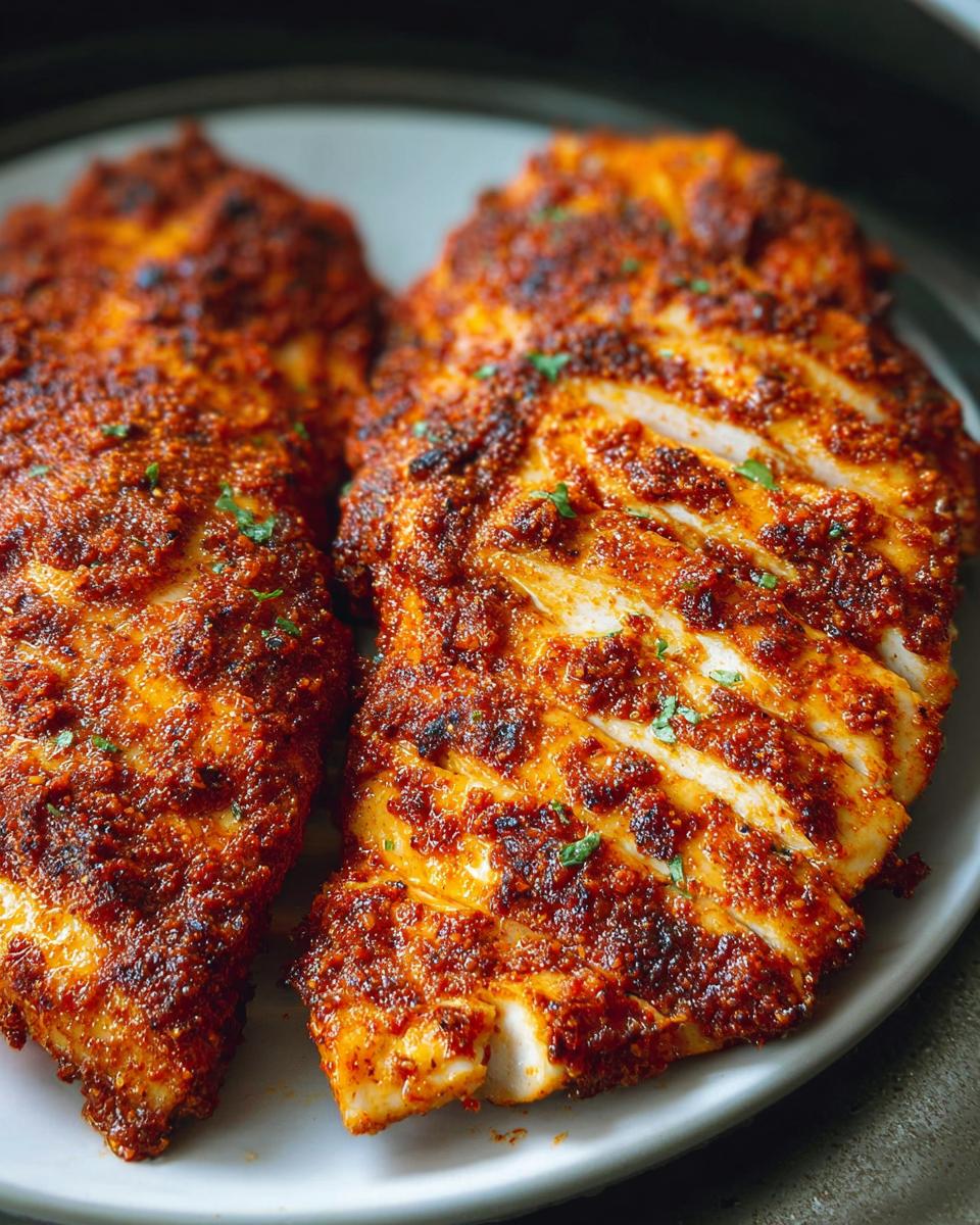 Two seasoned and sliced Air Fryer Chicken Recipes breasts with a rich red spice rub on a white plate.