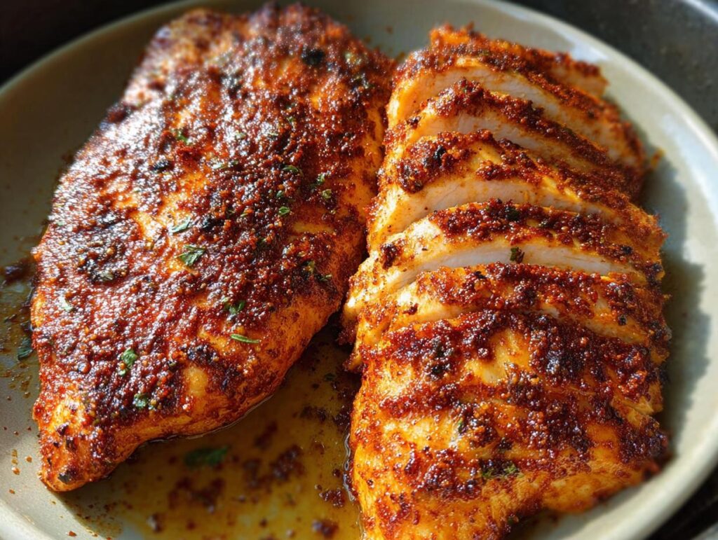 Close-up of juicy, seasoned air fryer chicken breast, one whole and one sliced, showing a rich spice rub.