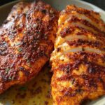 Close-up of juicy, seasoned air fryer chicken breast, one whole and one sliced, showing a rich spice rub.