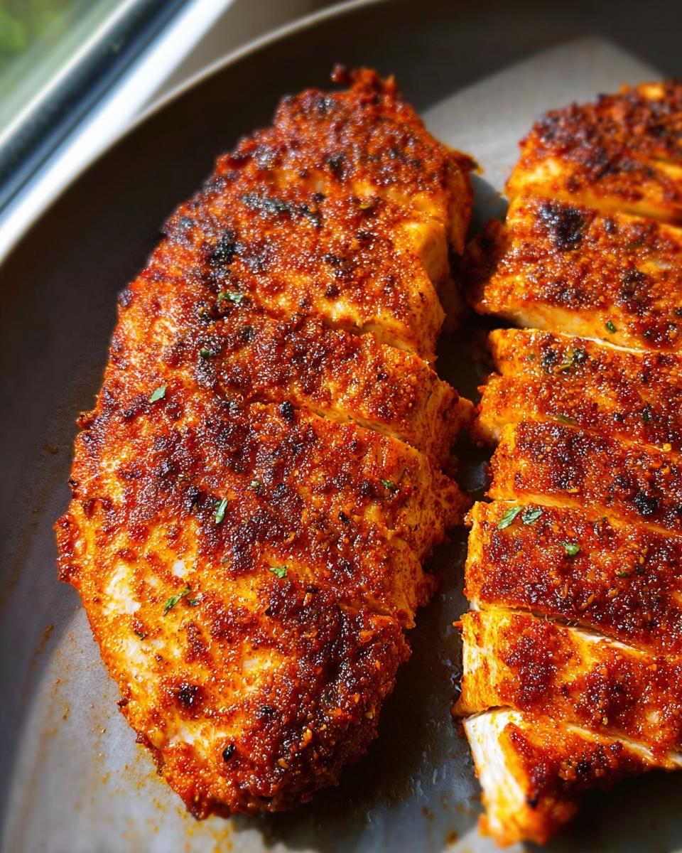 Close-up of juicy, sliced air fryer chicken recipes breast coated in a vibrant red spice rub.