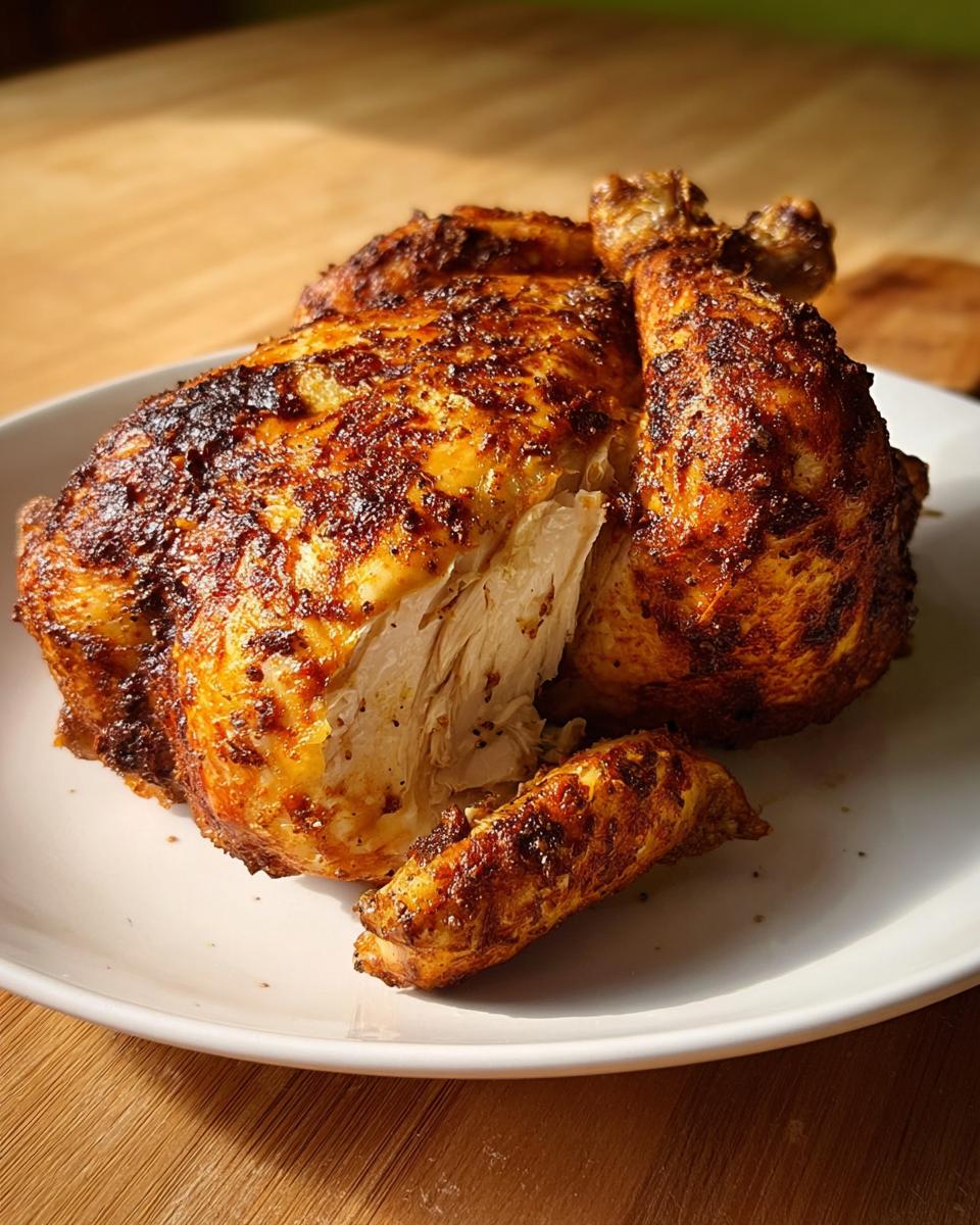 A whole, perfectly cooked, seasoned air fryer chicken with crispy skin, resting on a white plate.