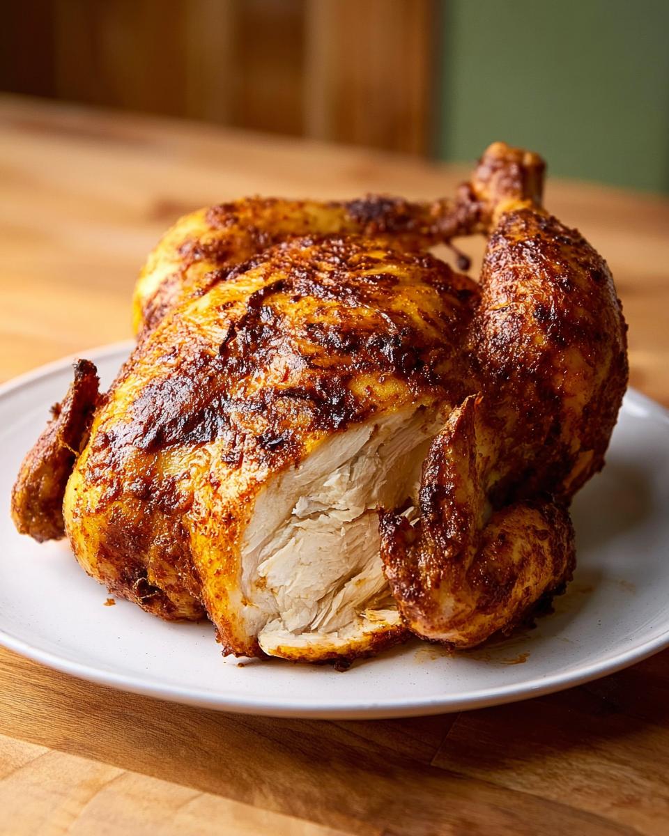 A whole, perfectly cooked, seasoned air fryer chicken with crispy skin, sliced open to show juicy white meat.
