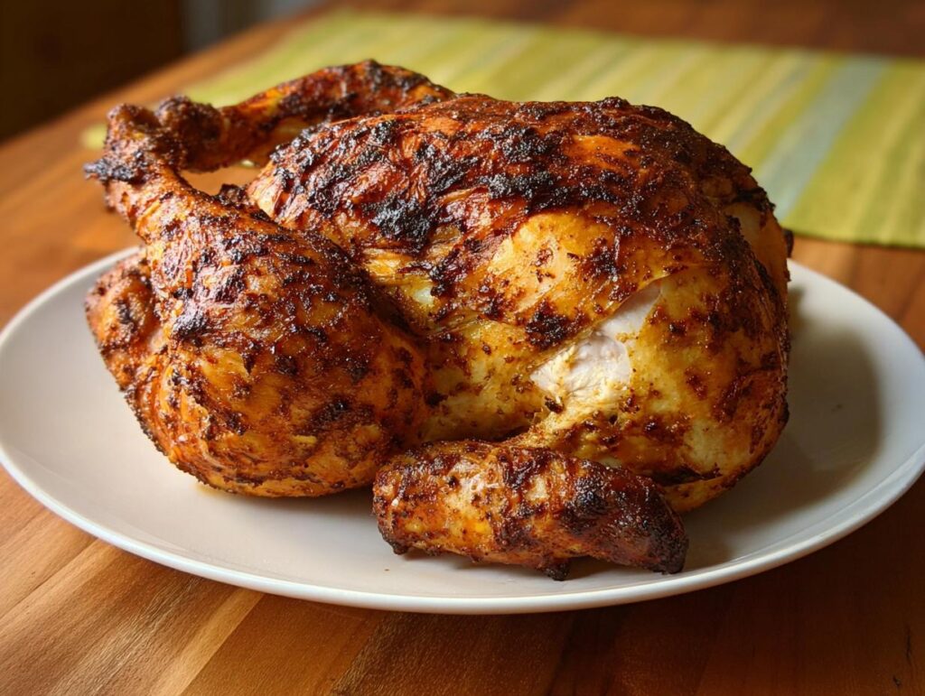 A beautifully browned, whole roasted chicken cooked in an air fryer, resting on a white plate.